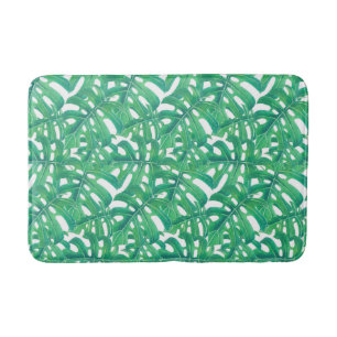 Green monstera tropical leaves pattern bath mat