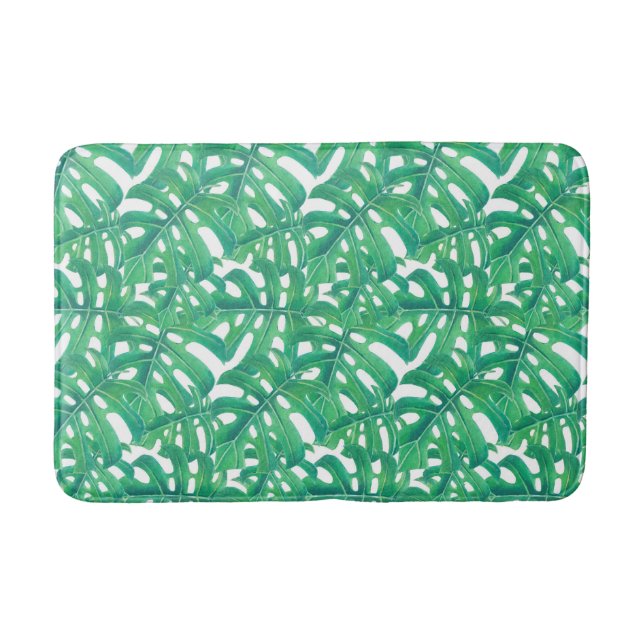 Green monstera tropical leaves pattern bath mat (Front)