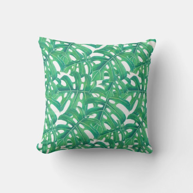 Green monstera tropical leaves pattern cushion (Front)