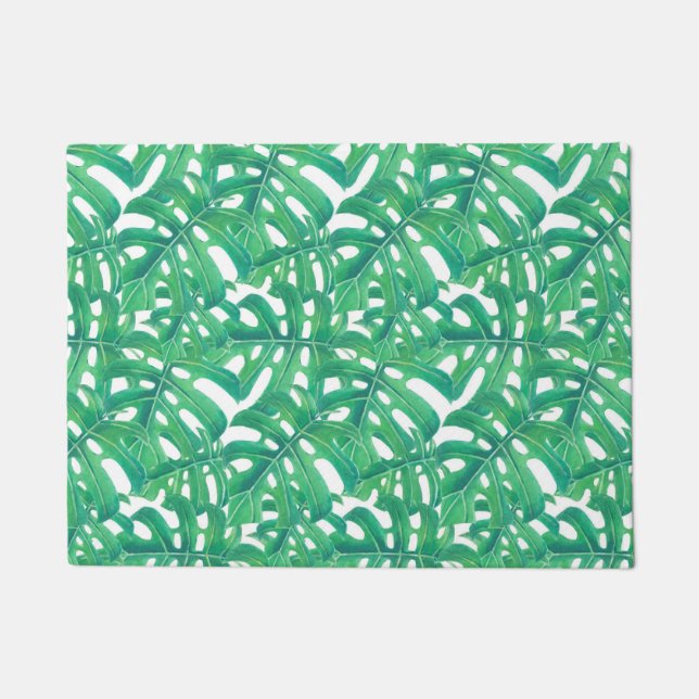 Green monstera tropical leaves pattern doormat (Front)
