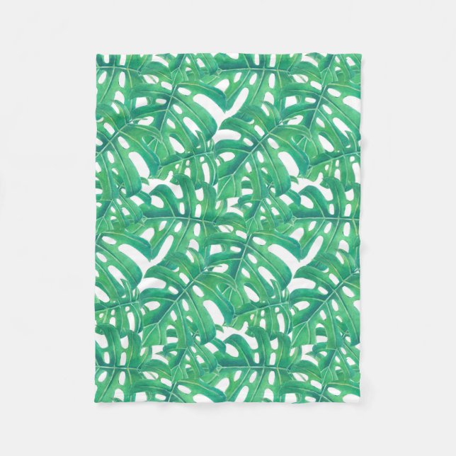 Green monstera tropical leaves pattern fleece blanket (Front)