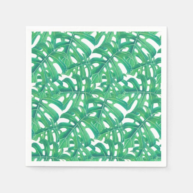 Green monstera tropical leaves pattern napkin (Front)