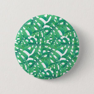 Green monstera tropical leaves pattern on white b 6 cm round badge