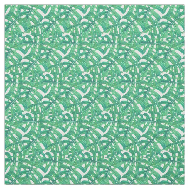 Green monstera tropical leaves pattern  on white b fabric (Swatch)