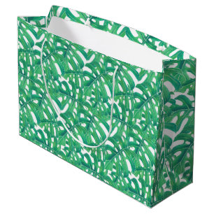 Green monstera tropical leaves pattern  on white b large gift bag
