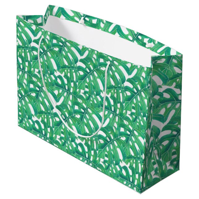 Green monstera tropical leaves pattern  on white b large gift bag (Back Angled)
