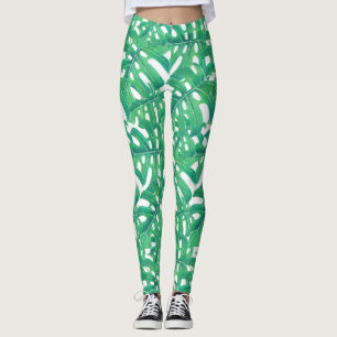 Green monstera tropical leaves pattern  on white b leggings