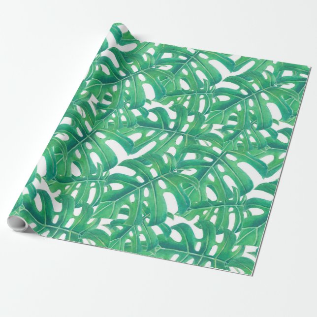 Green monstera tropical leaves pattern  on white b wrapping paper (Unrolled)