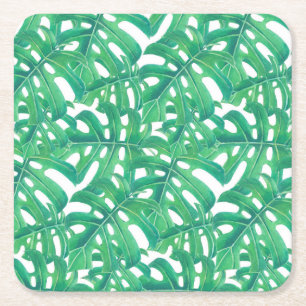Green monstera tropical leaves pattern square paper coaster