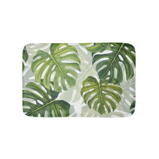 Green Monstera Tropical Watercolor Bath Mat