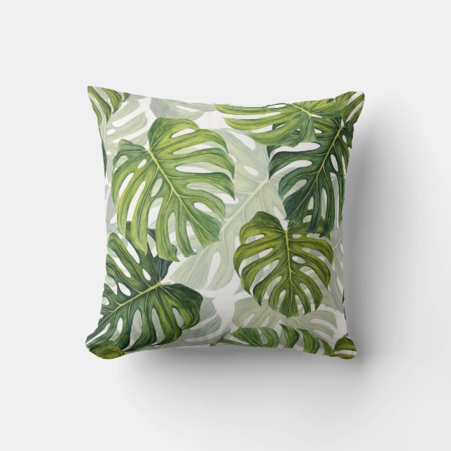 Green Monstera Tropical Watercolor Cushion (Front)