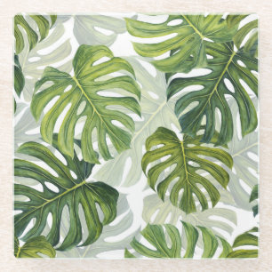 Green Monstera Tropical Watercolor Glass Coaster