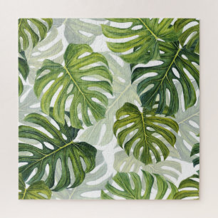 Green Monstera Tropical Watercolor Jigsaw Puzzle