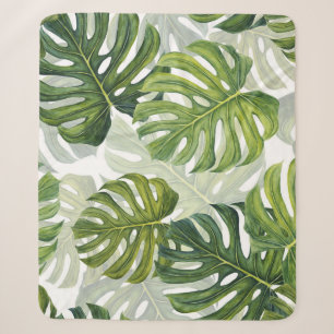 Green Monstera Tropical Watercolor Sherpa Blanket