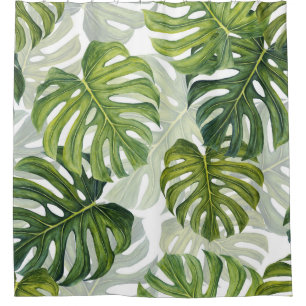 Green Monstera Tropical Watercolor Shower Curtain