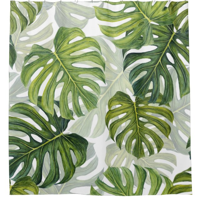 Green Monstera Tropical Watercolor Shower Curtain (Front)