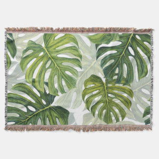 Green Monstera Tropical Watercolor Throw Blanket