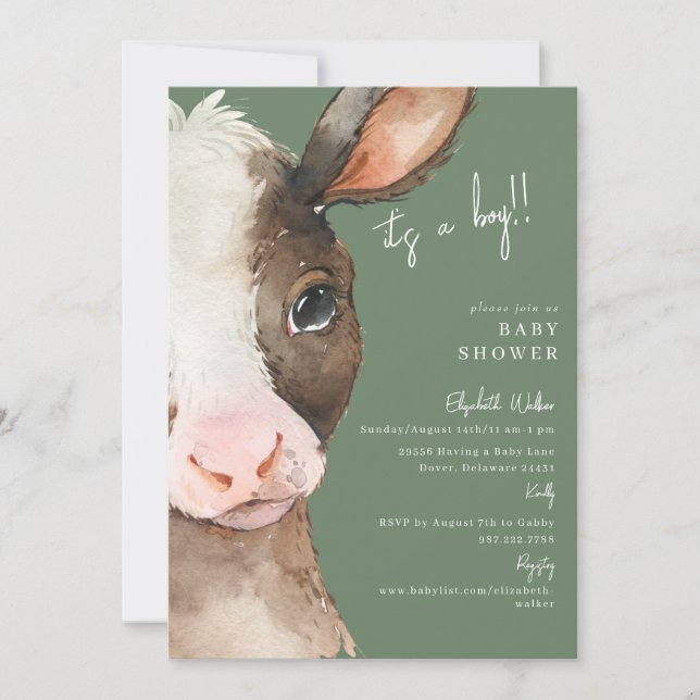 Green Moo-ving in Soon Cow It's a Boy Baby Shower Invitation (Front)