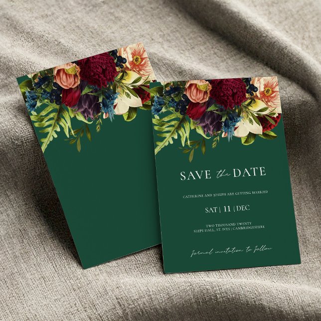Green Moody Floral Burgundy Wedding Save the Date Invitation (Creator Uploaded)