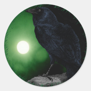 Green Moon Black Raven Goth Halloween Animal Classic Round Sticker