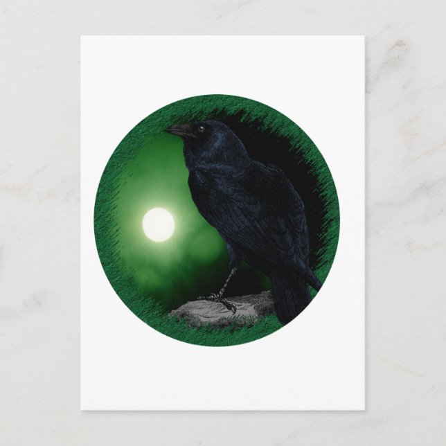 Green Moon Black Raven Goth Halloween Animal Postcard (Front)