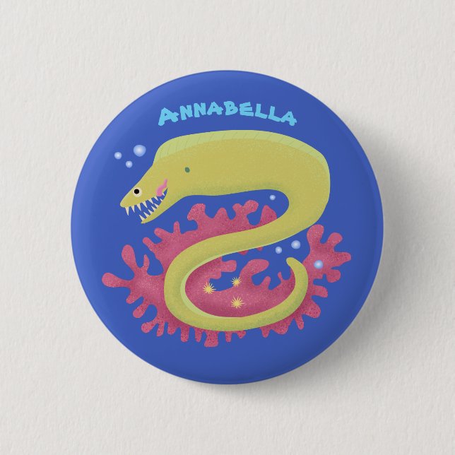 Green moray eel funny cartoon illustration 6 cm round badge (Front)