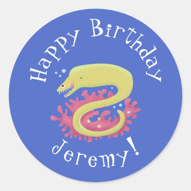 Green moray eel funny cartoon illustration classic round sticker (Front)