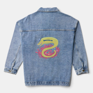 Green moray eel funny cartoon illustration denim jacket