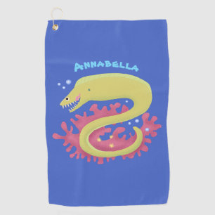 Green moray eel funny cartoon illustration  golf towel