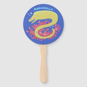 Green moray eel funny cartoon illustration hand fan