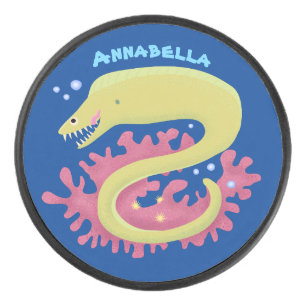 Green moray eel funny cartoon illustration hockey puck