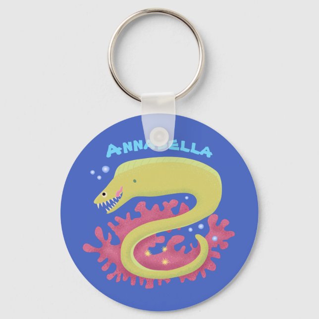 Green moray eel funny cartoon illustration key ring (Front)