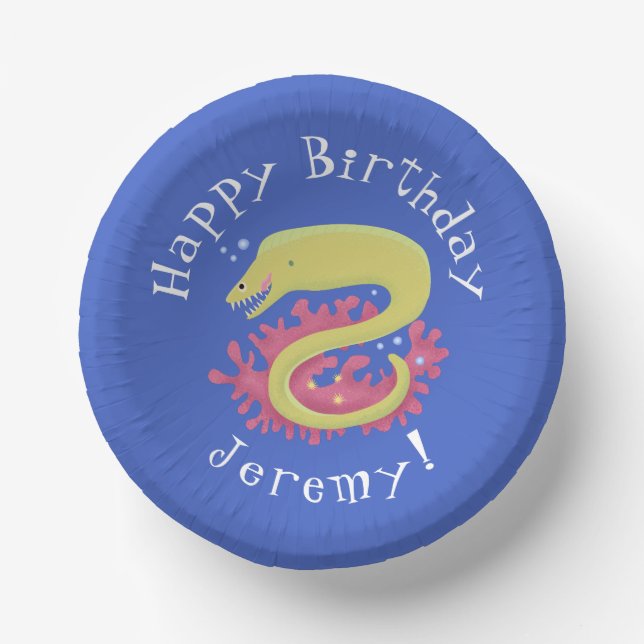 Green moray eel funny cartoon illustration paper plate (Front)