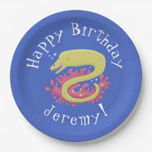 Green moray eel funny cartoon illustration paper plate