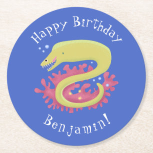 Green moray eel funny cartoon illustration round paper coaster