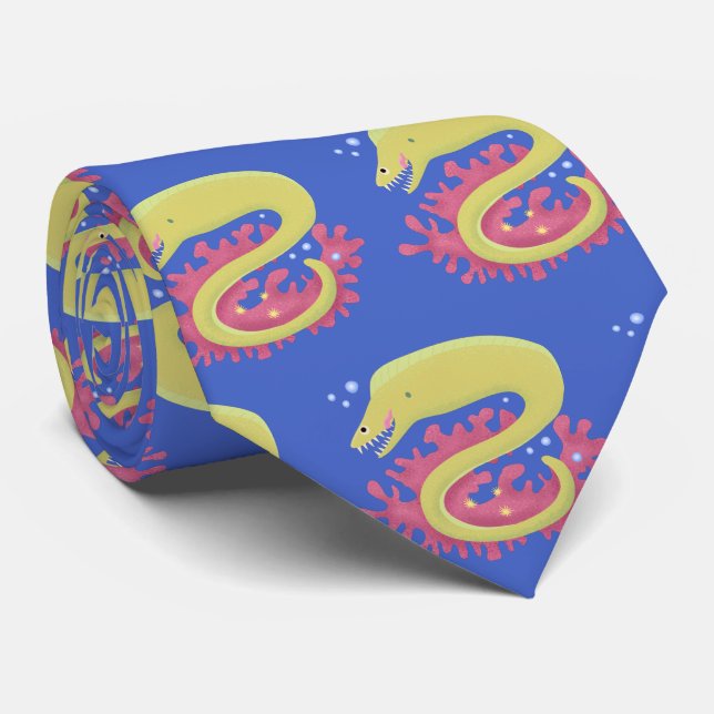 Green moray eel funny cartoon illustration tie (Rolled)