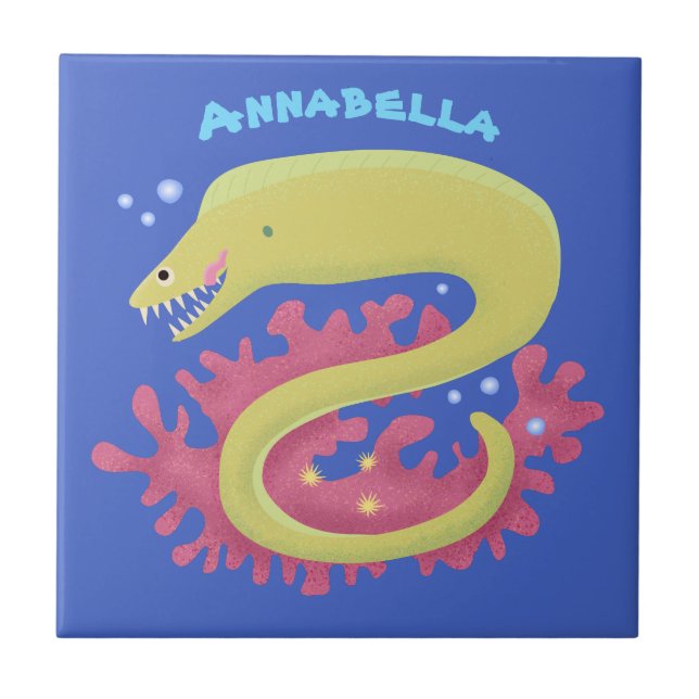 Green moray eel funny cartoon illustration tile (Front)