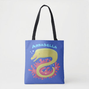 Green moray eel funny cartoon illustration tote bag