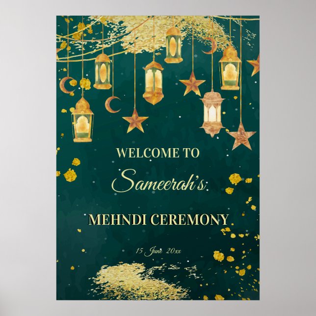 Green Moroccan lanterns green personalized Mehndi  Poster (Front)