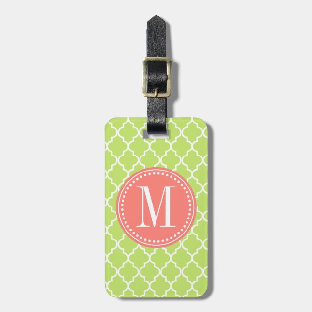 Green Moroccan Tiles Lattice Personalised Luggage Tag (Front Vertical)