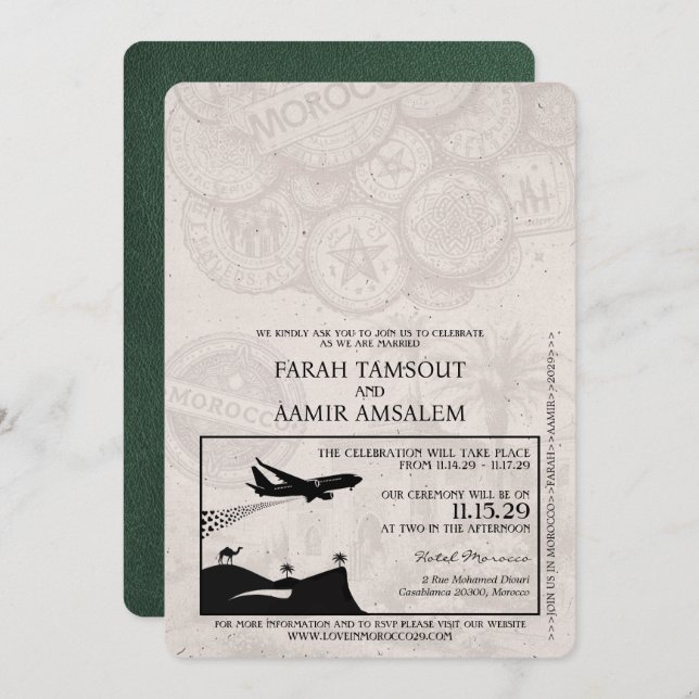 Green Morocco Passport Wedding Invitation (Front/Back)