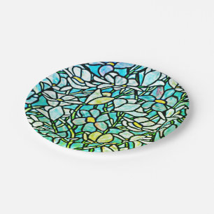 Green Mosaic Floral Tiles Paper Plate