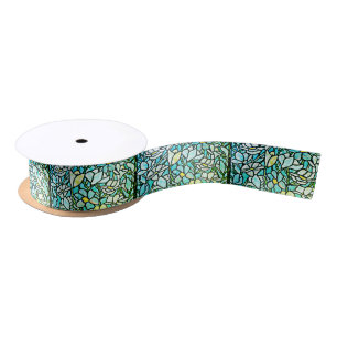 Green Mosaic Floral Tiles Satin Ribbon