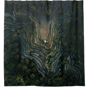 Green moss on black rock shower curtain
