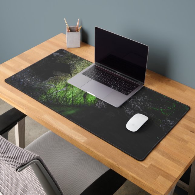 Green mossy rock with reflection in water desk mat (Office 2)