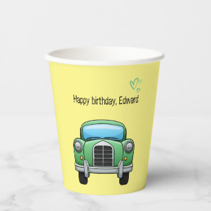 Green motor car with customizable text paper cups