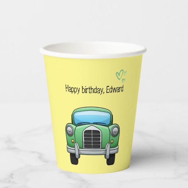 Green motor car with customizable text paper cups (Front)