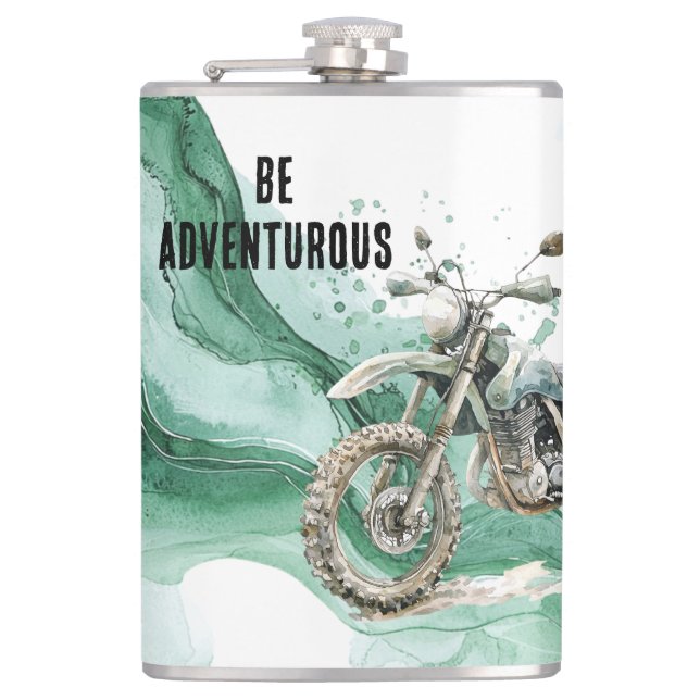 Green Motorcycle Adventure Hip Flask (Front)