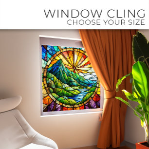 Green Mountain and river Stained glass art Window Cling