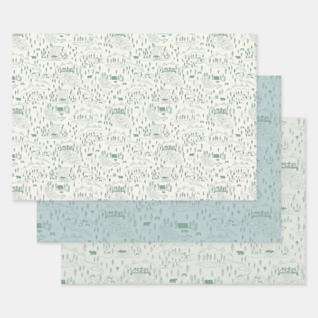 Green Mountain Toile Gift Wrap Set of 3  (Set)